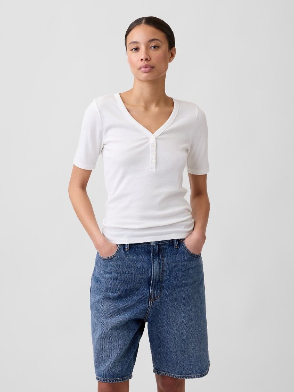 Gap Women's XL Off White Modern Ribbed V-Neck Henley Top 60% off Retail